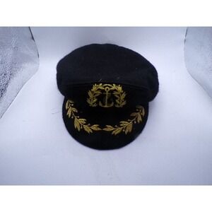 AEGEAN Black Greek Fisherman's Cap Wool Blend Nautical Anchor Emblem Size 56-7